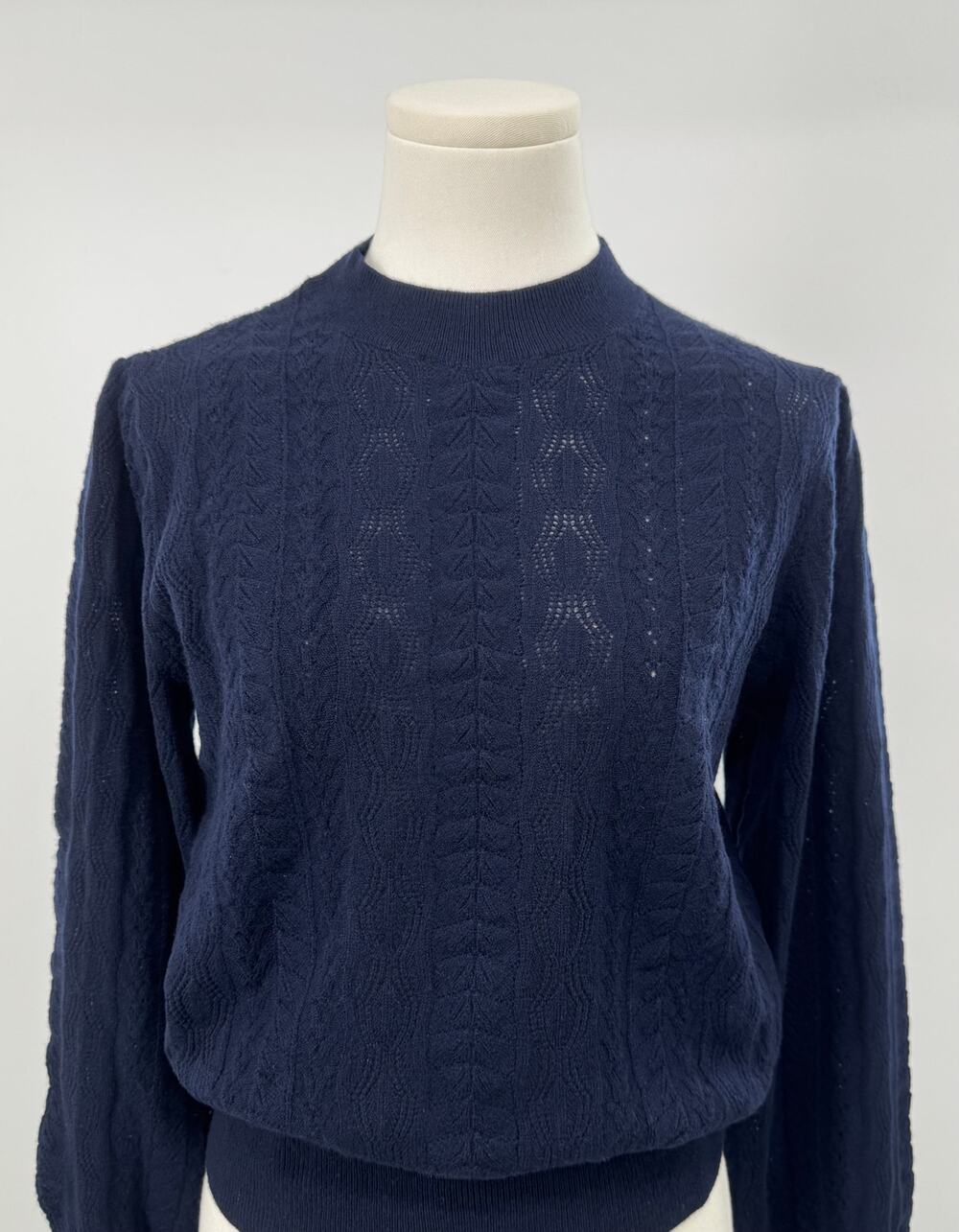DemyLee X J crew Navy 100% Wool Sweater Pointelle Mock Neck Pullover M
